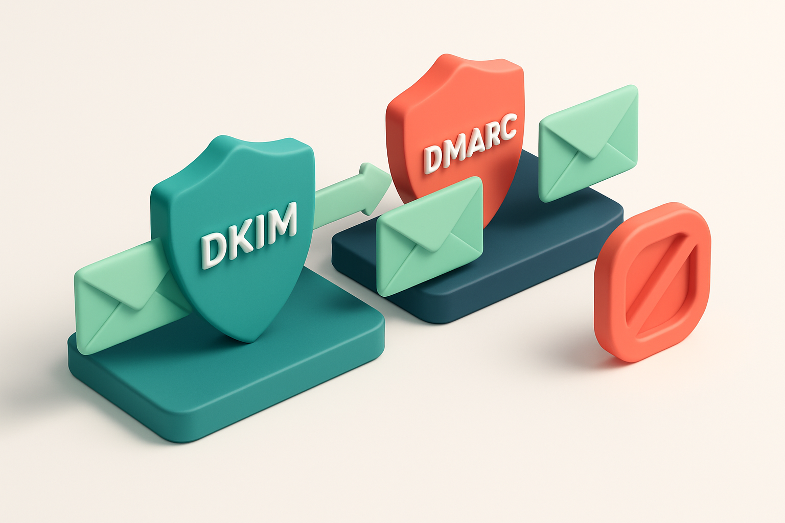 An isometric view of a secure email delivery tunnel: a green shield labeled 'SPF', a blue shield labeled 'DKIM', a red s