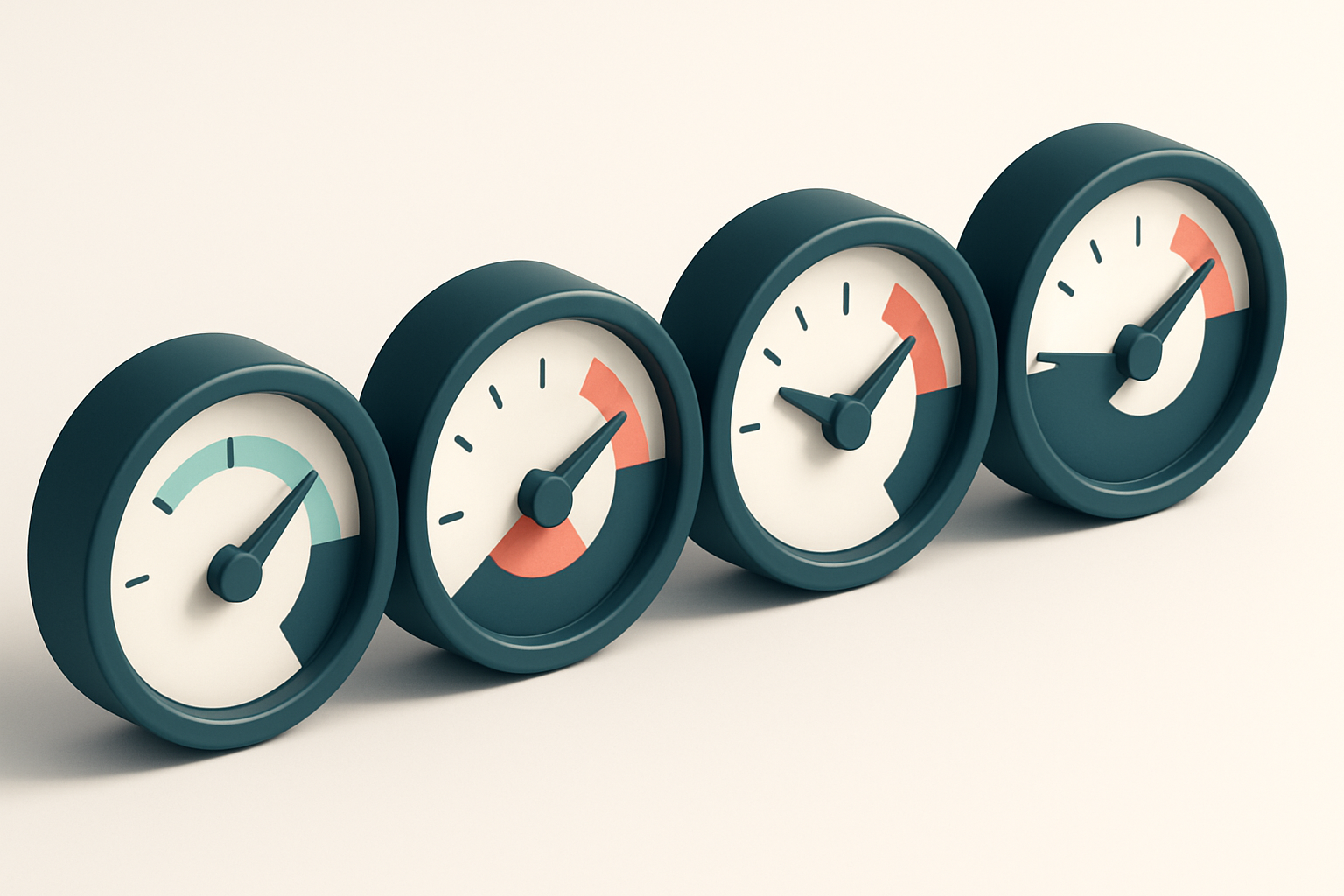 A row of four gauges with moving needles, each labeled with a metric: bounce rate, deliverability, engagement, reputatio