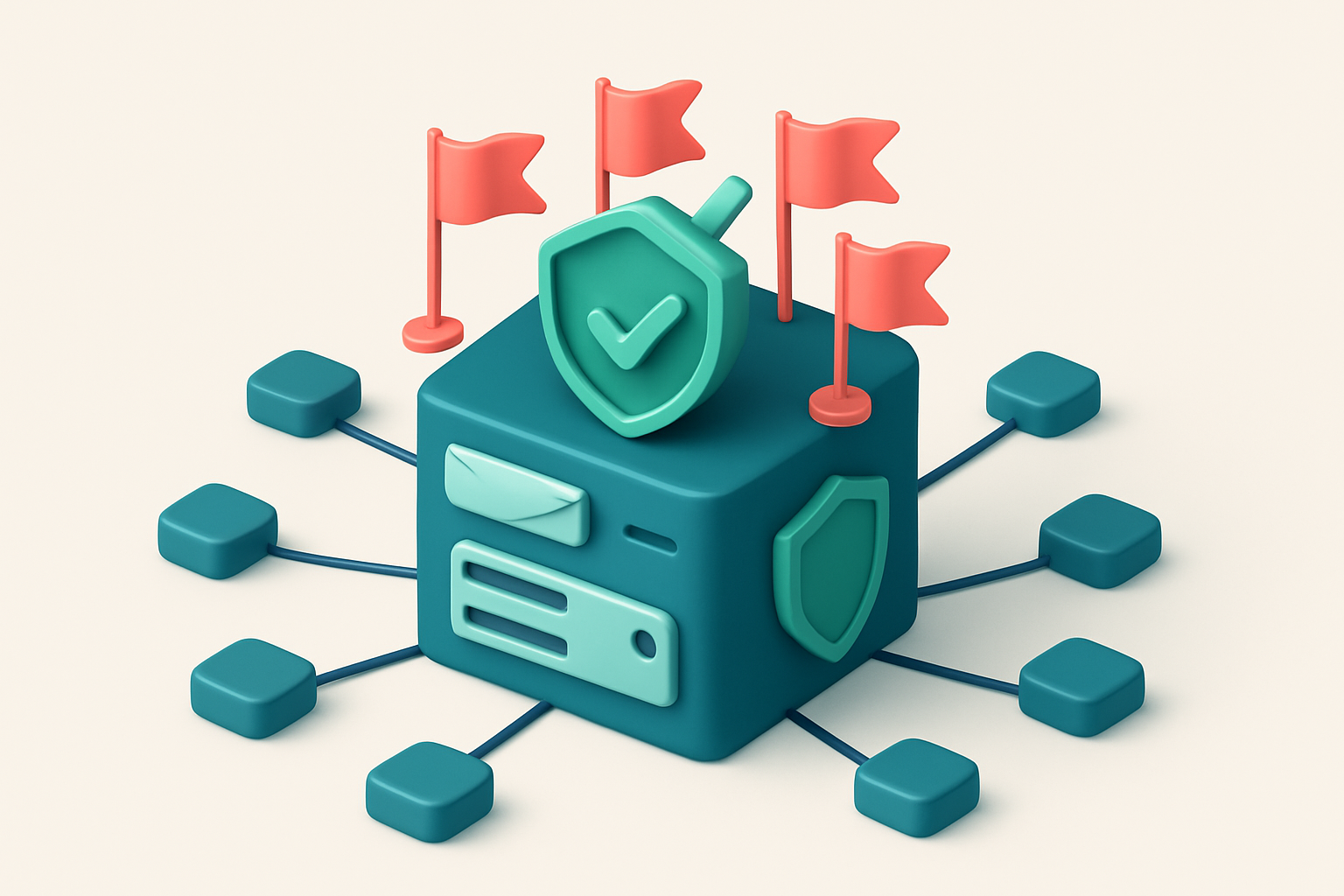 An isometric view of a centralized email server with multiple red warning flags flying from it, connected to a network o