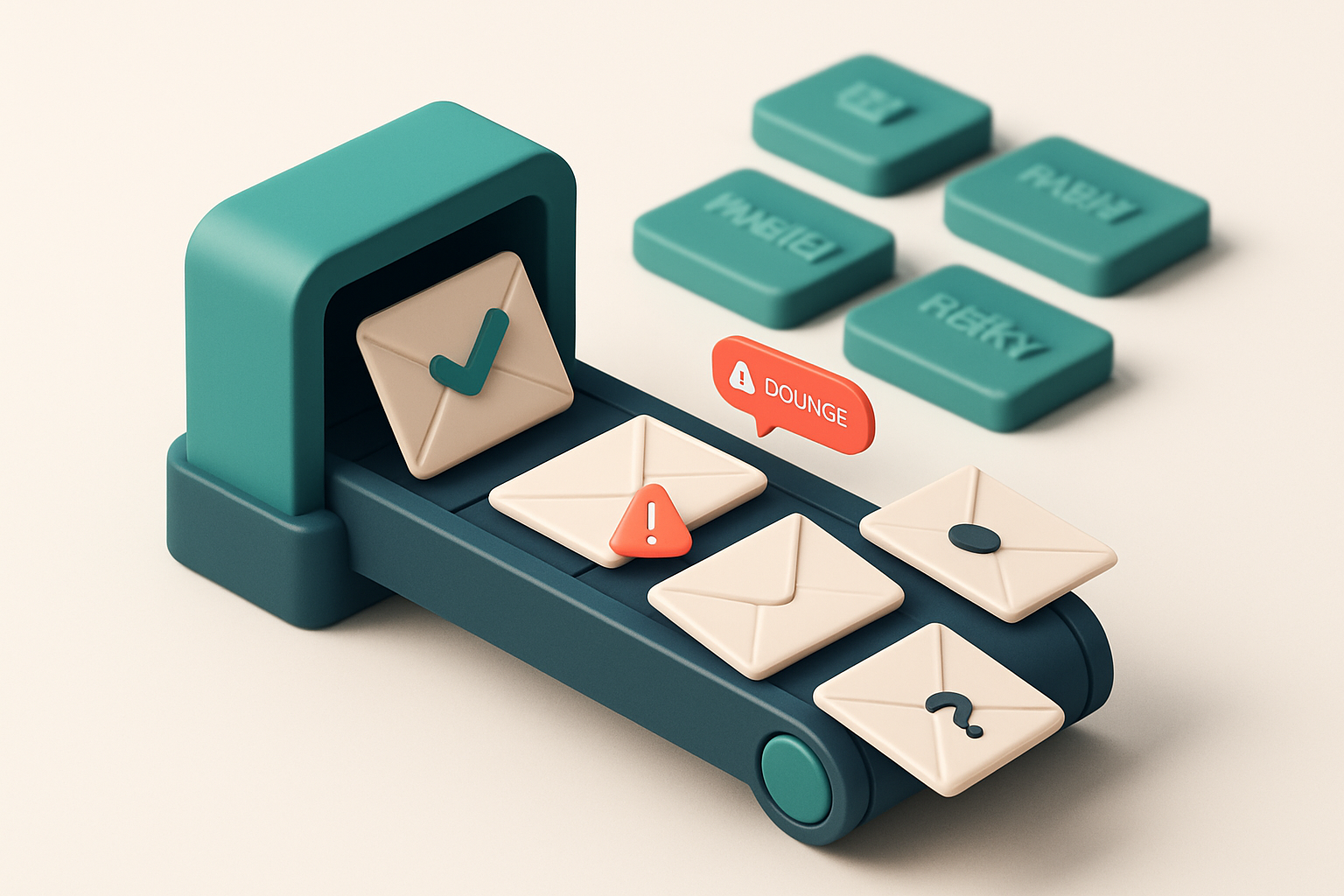 An isometric inbox with envelopes labeled 'valid', 'invalid', 'catch-all', and 'risky' being sorted through a conveyor b
