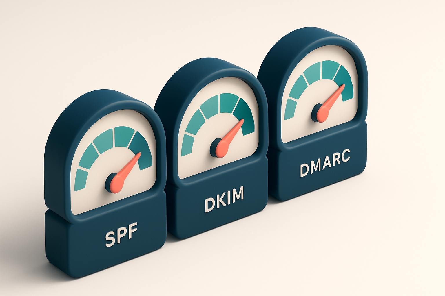 a row of three gauges labeled SPF, DKIM, DMARC