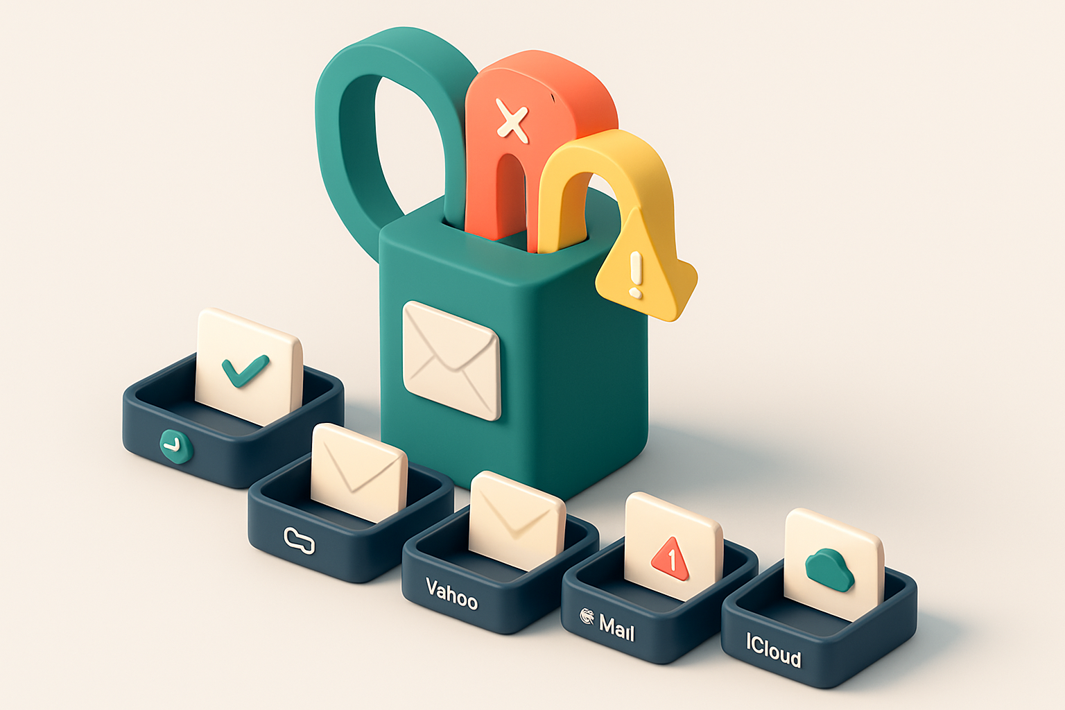 Hero: a 3D isometric illustration of a centralized email server tower with labeled input streams: a green 'verified' chu