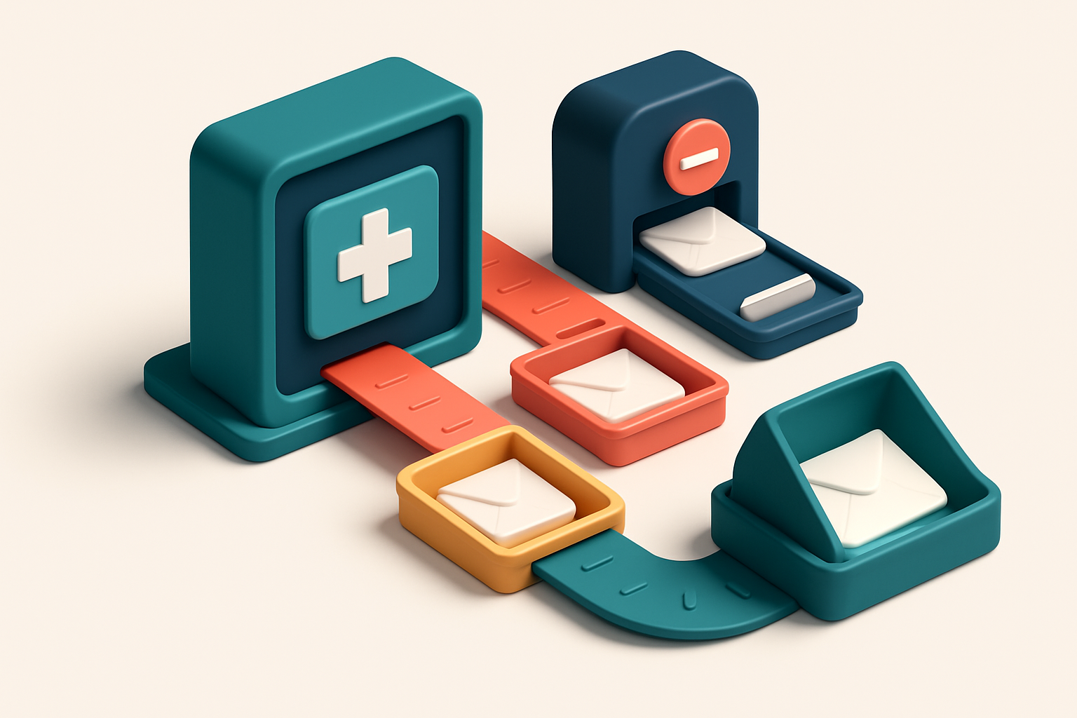 Hero: an isometric medical office dashboard with three email lists flowing into separate conveyor belts — one red leadin