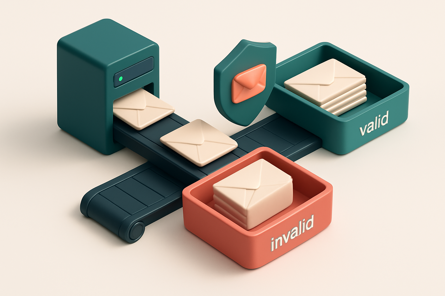 an isometric email inbox with envelopes being sorted by a digital conveyor belt into two trays: a green 'valid' tray and