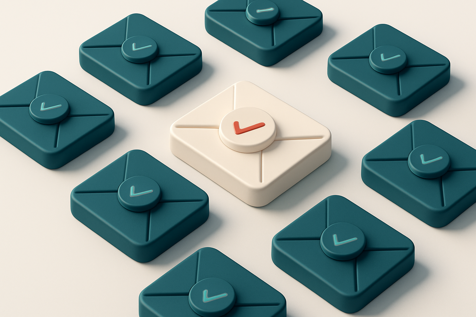 a grid of envelope icons, each with a checkmark in the center