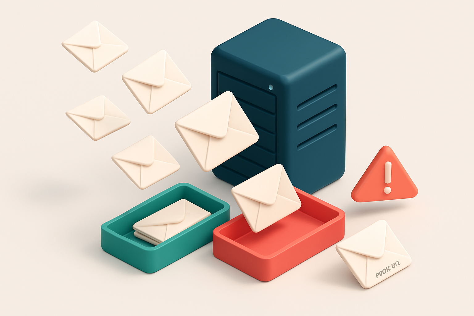 An isometric server rack with multiple email envelopes flying in, some landing on a green 'Valid' tray, others on a red
