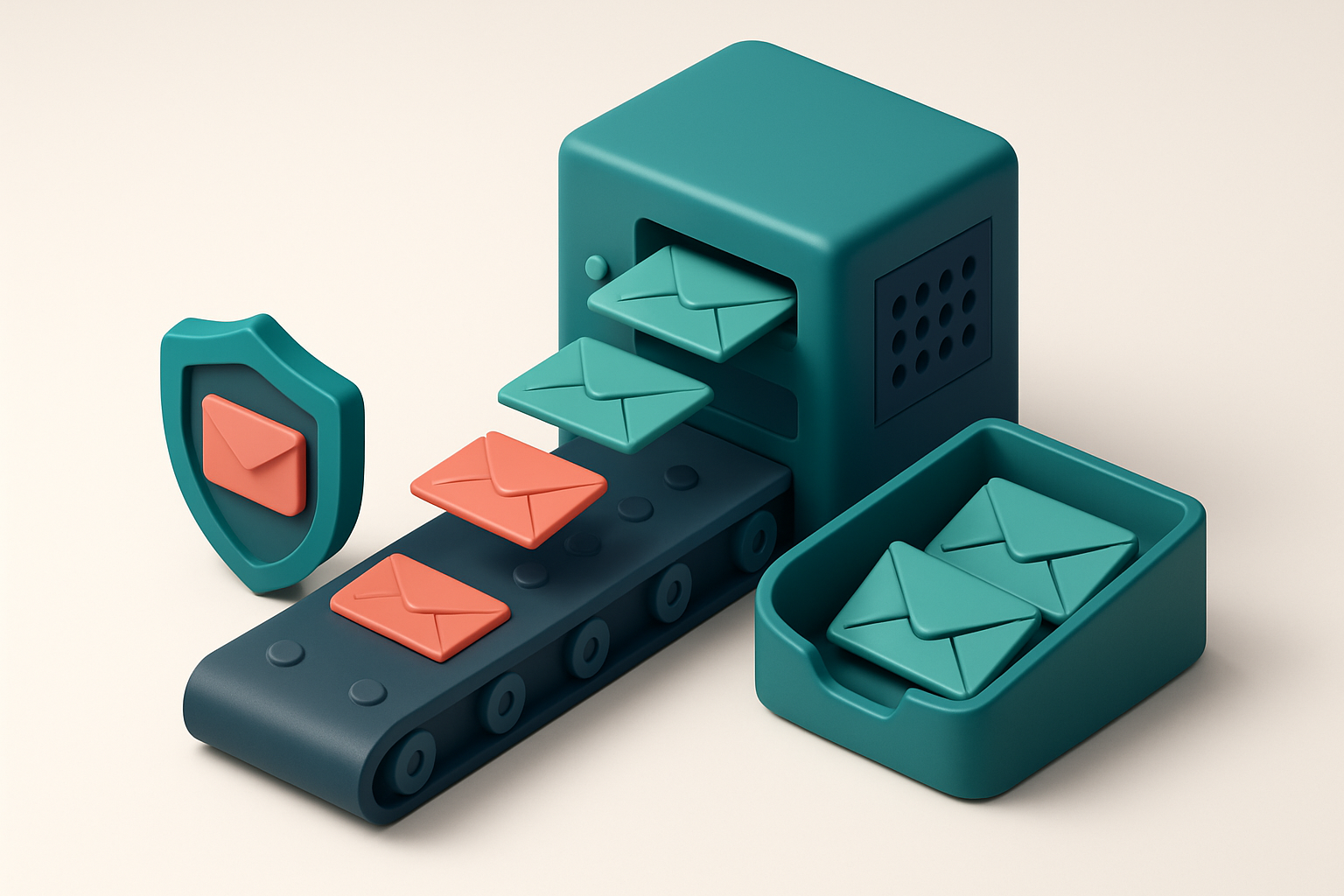 an isometric email server cluster with green 'valid' envelopes flowing into an inbox, red 'invalid' and 'catch-all' enve