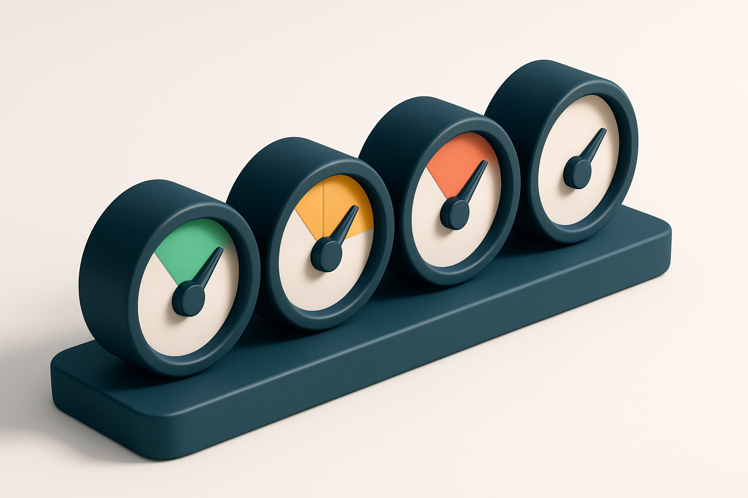 a row of four gauges showing green, yellow, red, and gray indicators