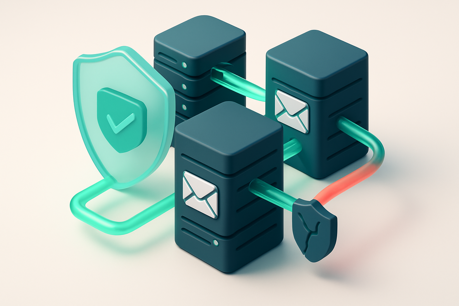an isometric email server cluster with green data streams flowing between machines, surrounded by a transparent shield l