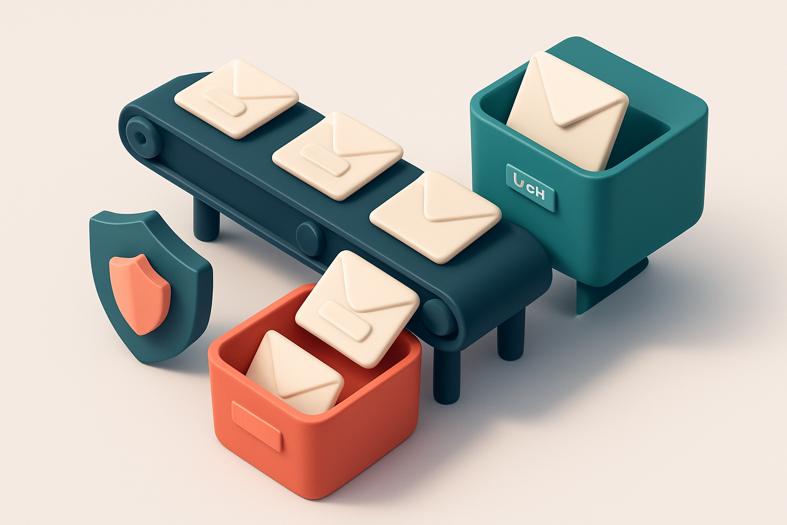 An isometric illustration of a conveyor belt with envelopes labeled 'Invalid', 'Catch-All', 'Disposable', and 'Risky' be