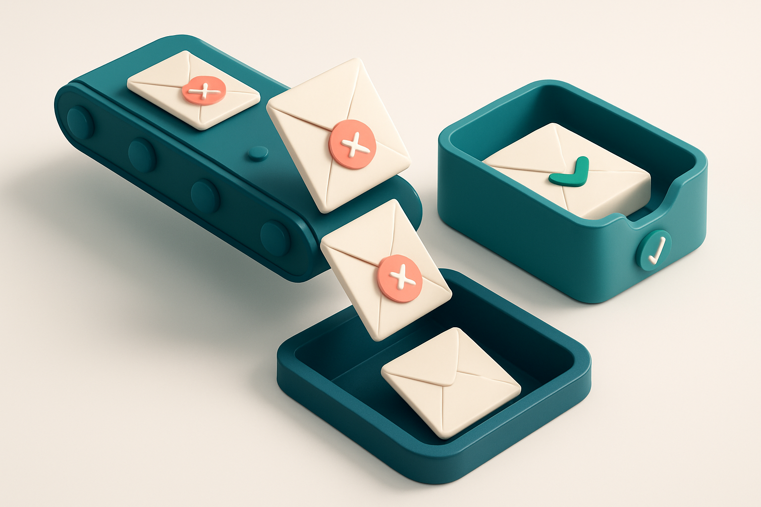 an isometric email inbox receiving envelopes from a conveyor belt; some envelopes are marked with red 'invalid' stamps a