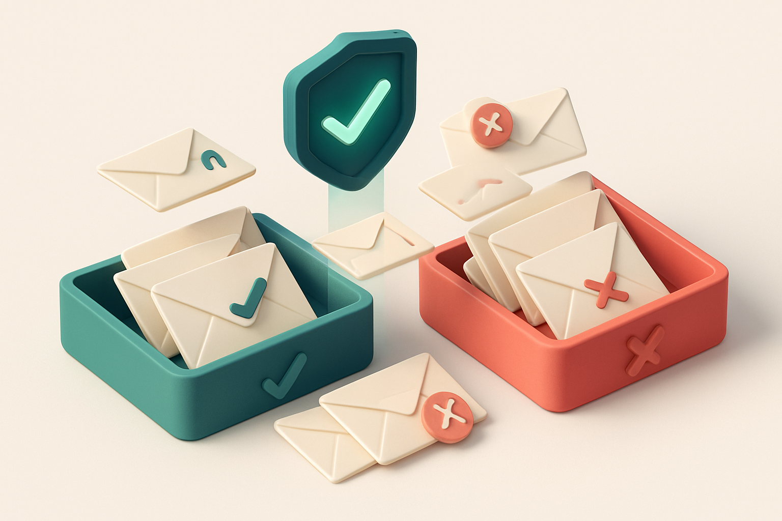 An isometric illustration of a green 'valid' tray and a red 'invalid' tray, with envelopes being scanned by a digital sh