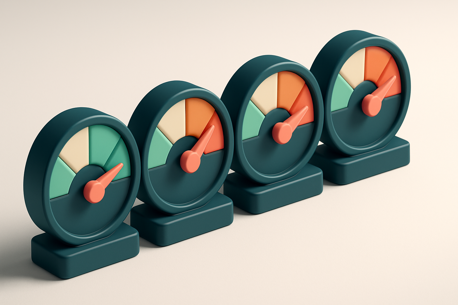 A row of four gauges with varying needle positions, each labeled by risk level