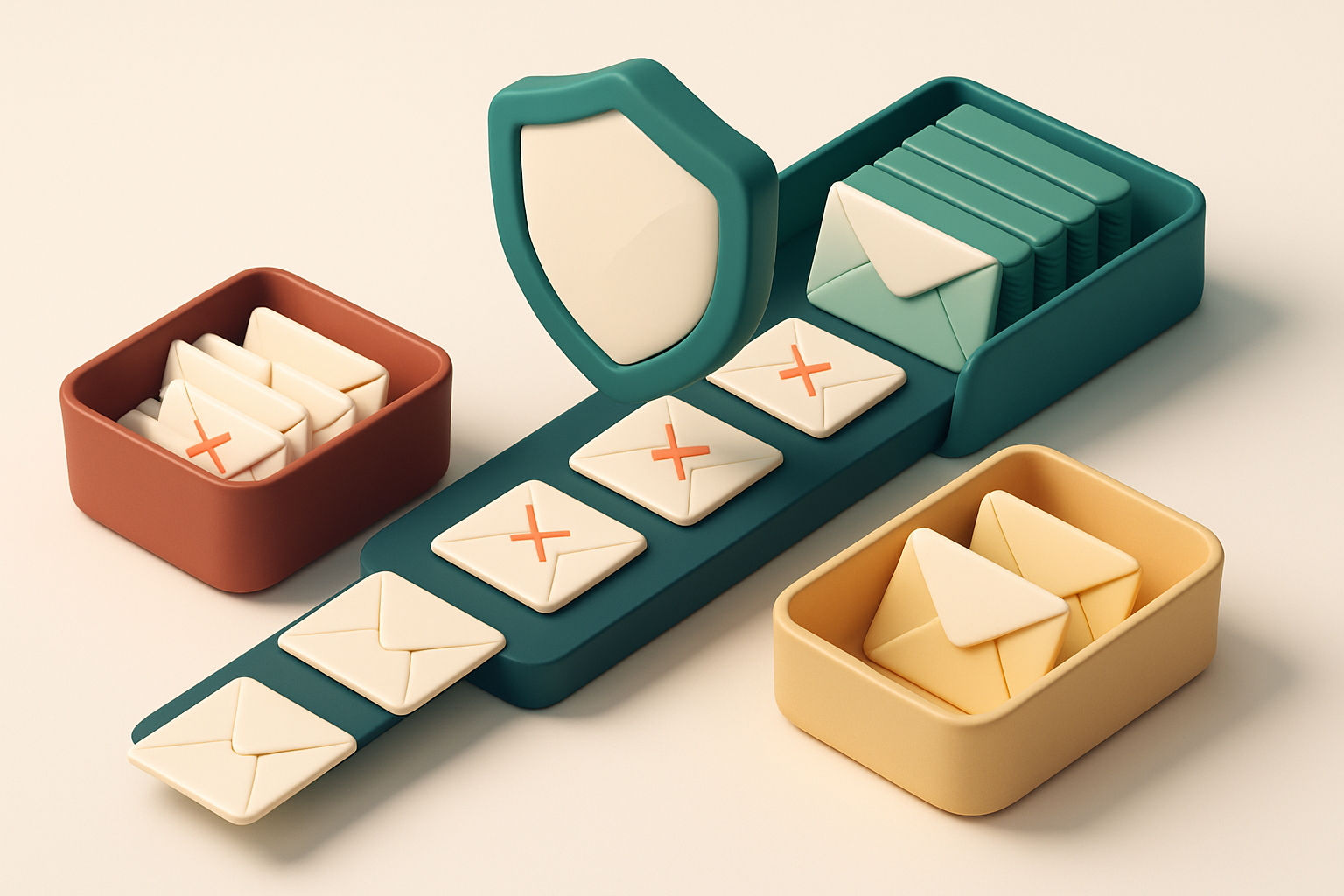 An isometric email inbox with hundreds of envelopes being sorted: green 'valid' envelopes stacked on a clean tray, red '