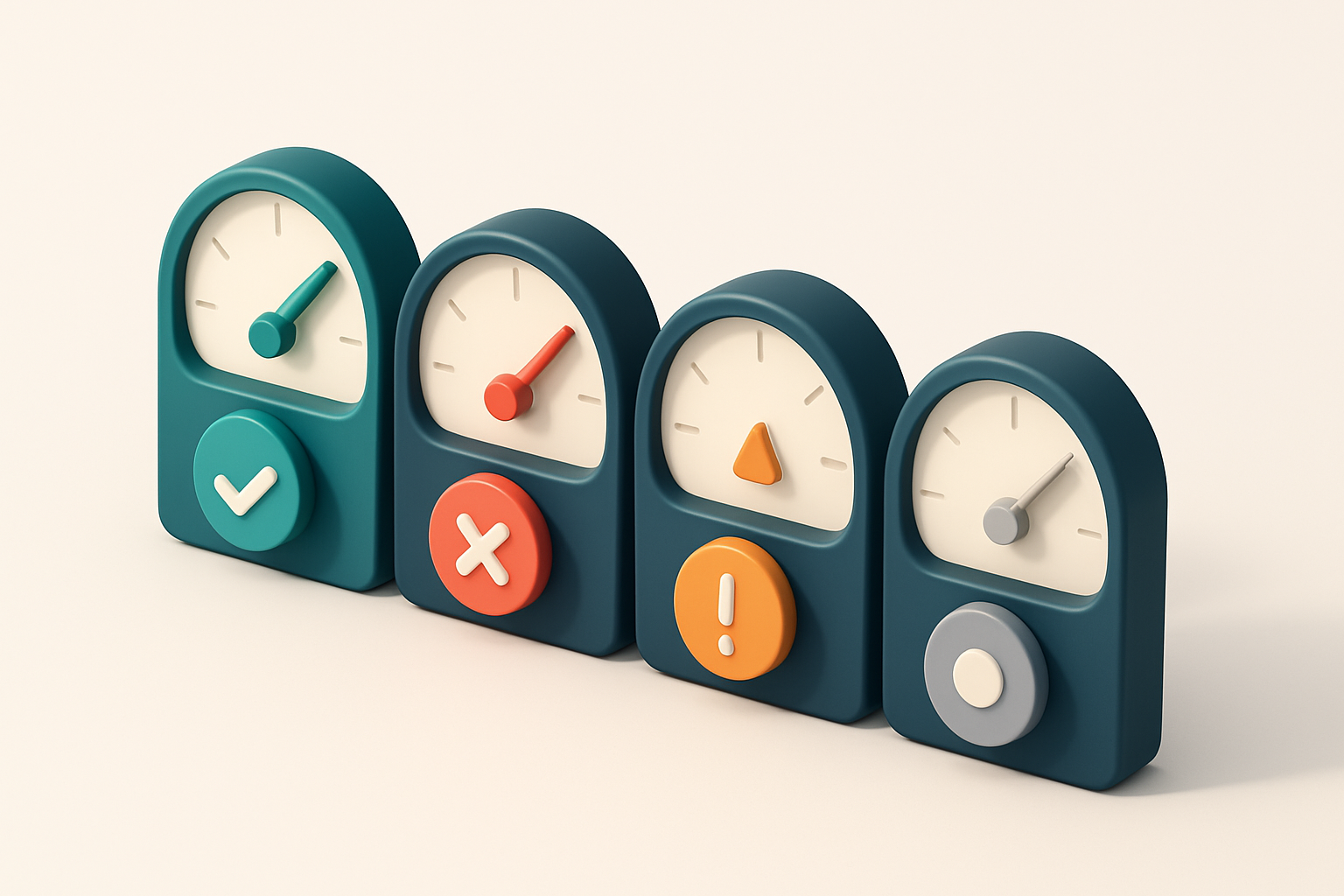 A row of four gauges, each showing a different verification status: green (valid), red (invalid), yellow (risky), and gr