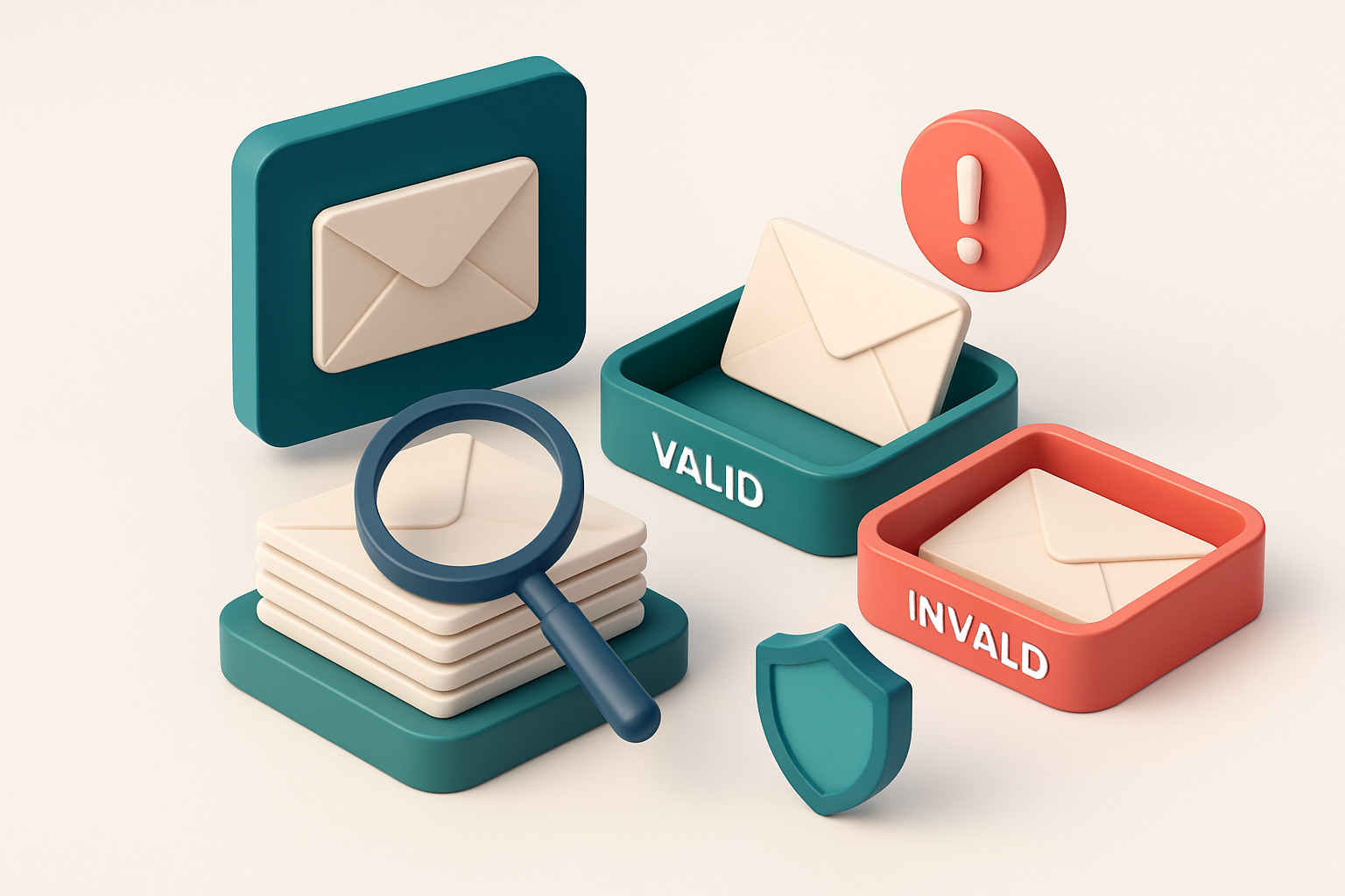 An isometric email inbox with envelopes being sorted onto a green 'valid' tray and a red 'invalid' tray, a magnifying gl