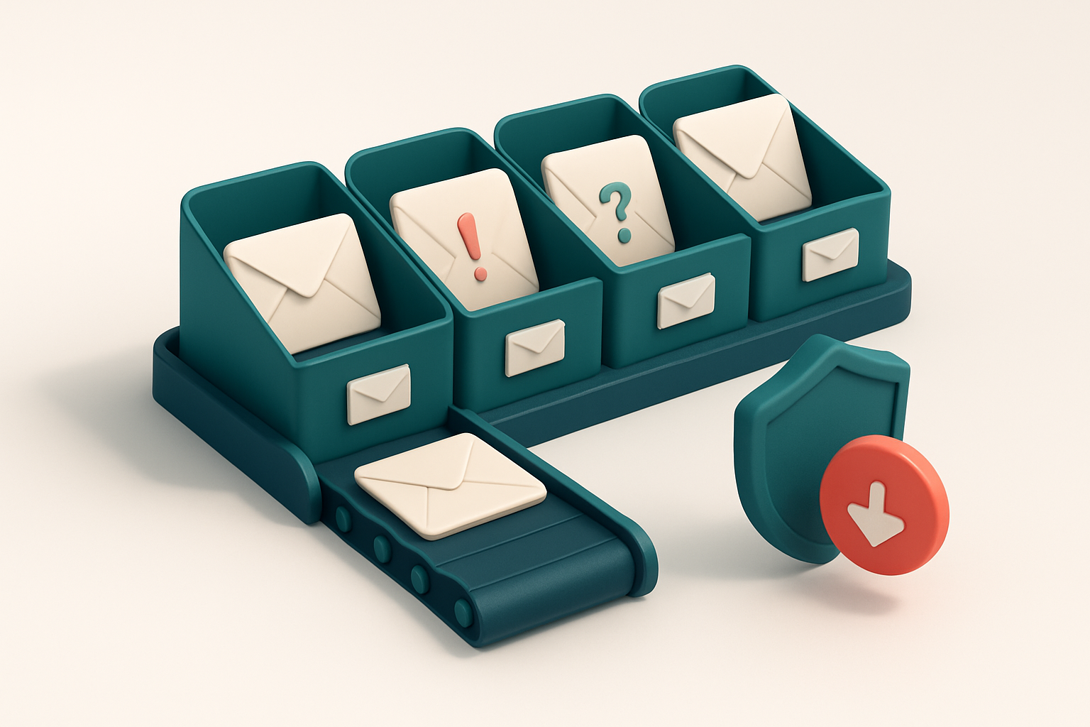 an isometric email inbox with envelopes labeled 'Valid', 'Invalid', 'Risky', and 'Catch-all' being sorted into separate