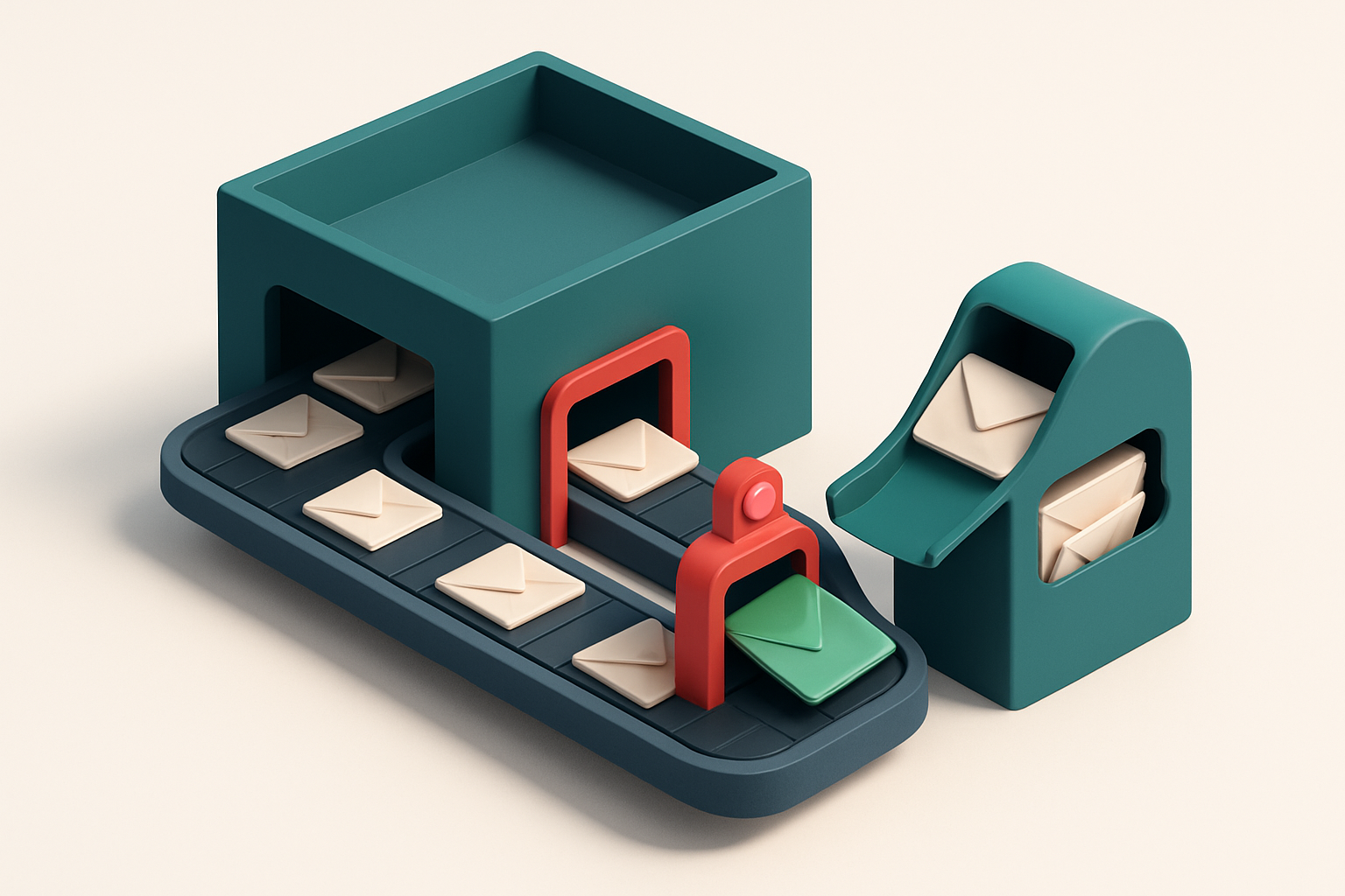 an isometric warehouse with a conveyor belt transporting envelopes representing email addresses; some are labeled 'inval