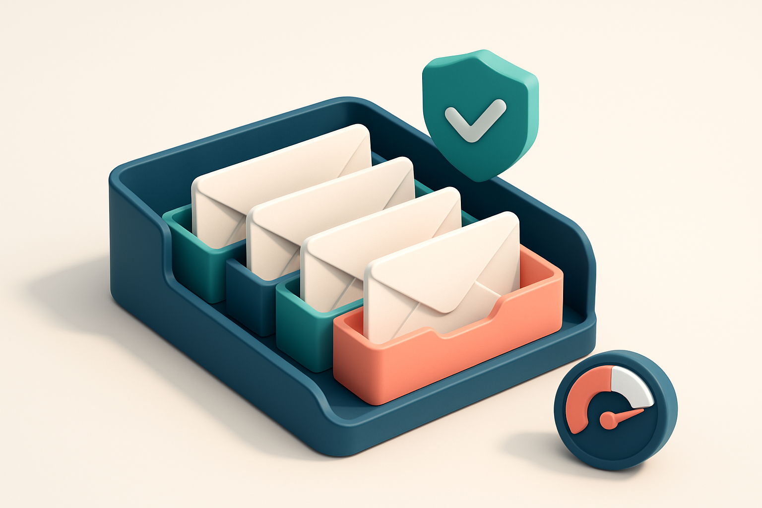 An isometric email inbox with envelopes labeled 'valid', 'risky', 'catch-all', and 'invalid' sorted into colored trays;