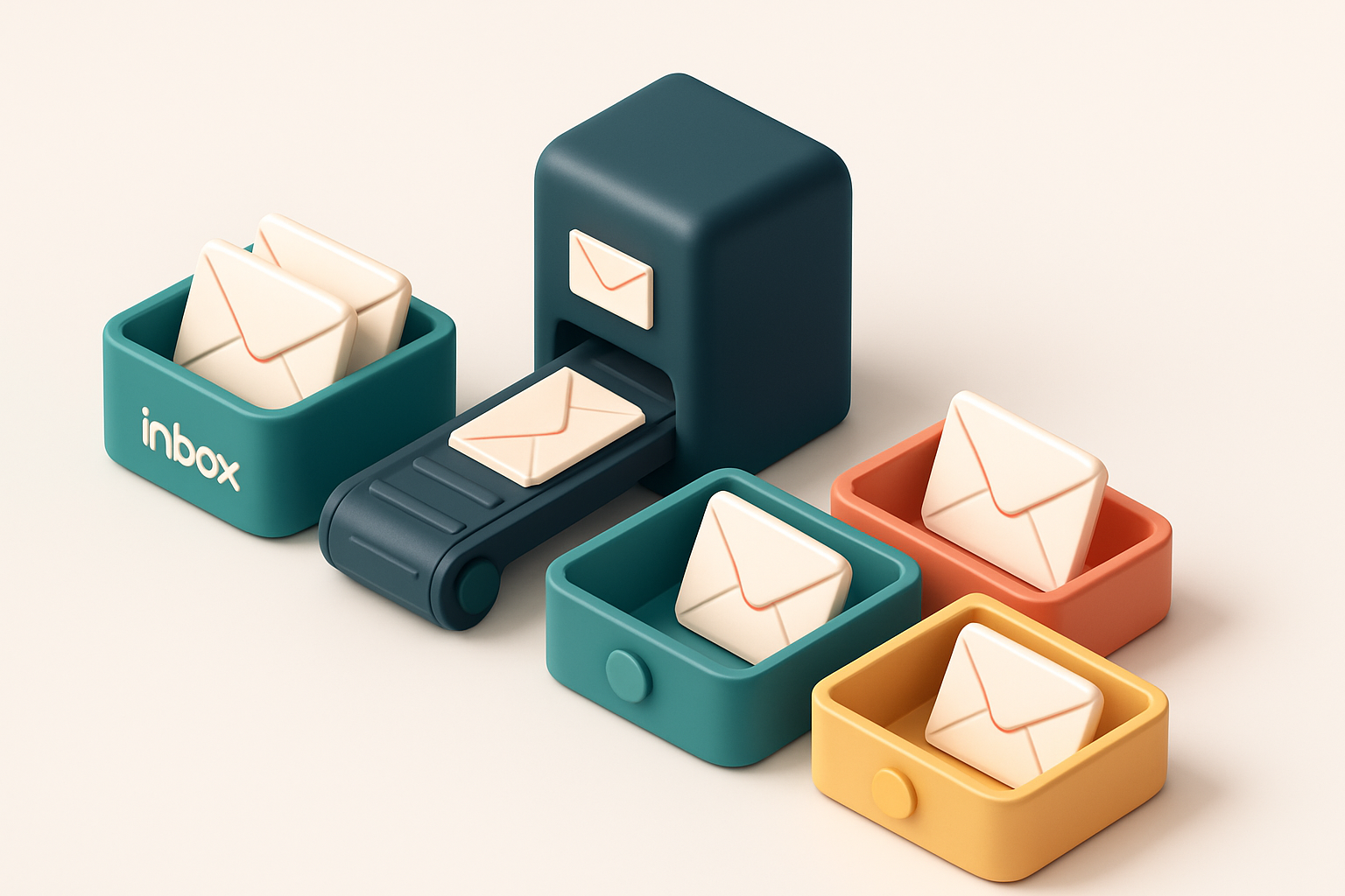 An isometric email inbox with envelopes being sorted into three trays: a green 'valid' tray, a red 'invalid' tray, and a