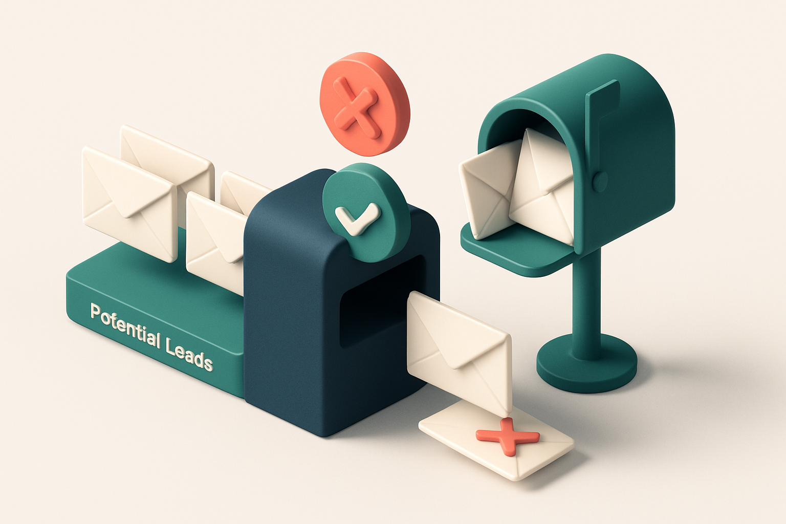 An isometric illustration of a gym membership funnel: a stream of envelopes labeled 'Potential Leads' flows into a valid