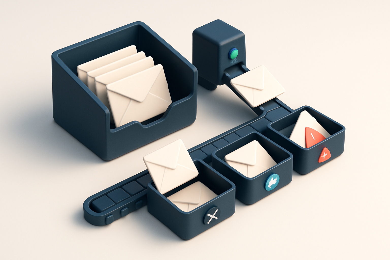 an isometric email inbox with envelopes labeled 'Valid', 'Invalid', 'Catch-all', and 'Risky' being sorted by automated c