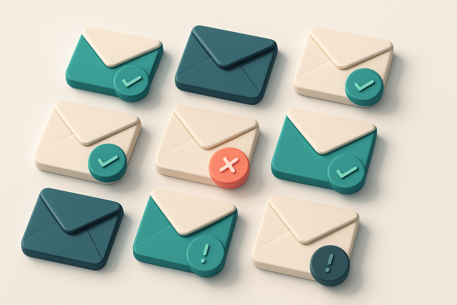 a grid of envelope icons with varying checkmark statuses (valid, invalid, risky)