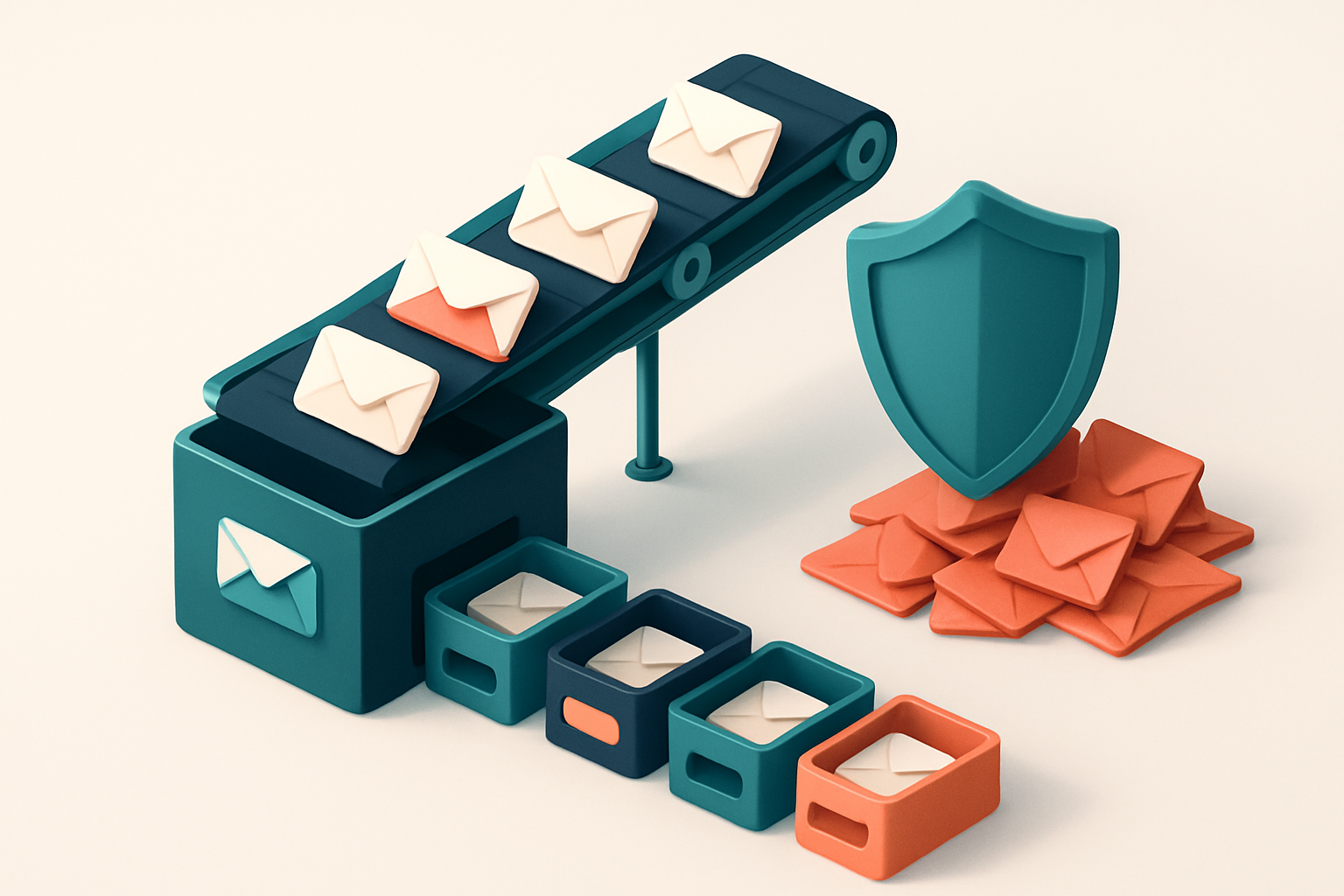 Hero: an isometric email inbox with a conveyor belt delivering envelopes labeled 'valid,' 'catch-all,' 'risky,' 'role,'