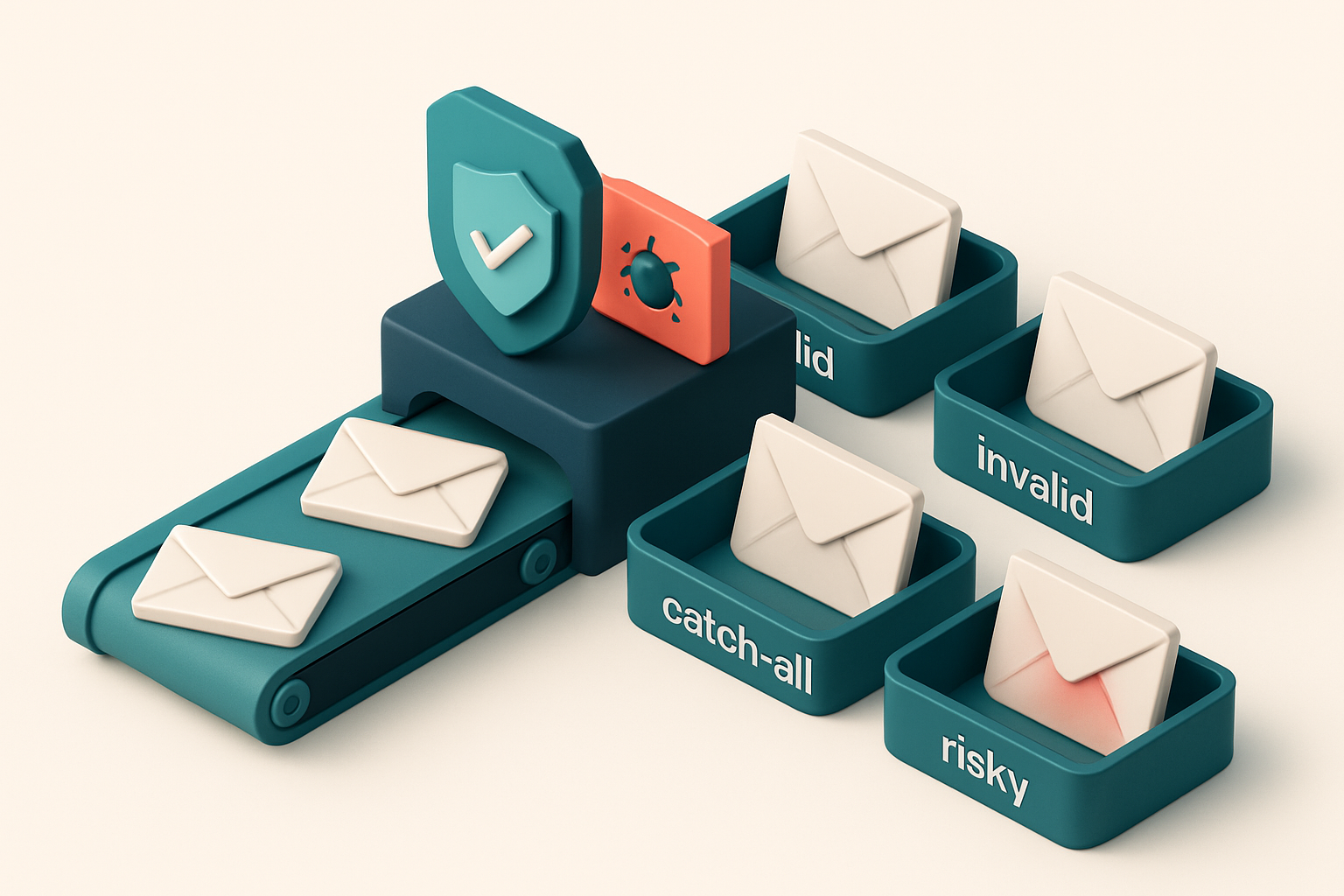 an isometric email inbox with envelopes labeled 'valid', 'invalid', 'catch-all', and 'risky' being sorted onto four sepa