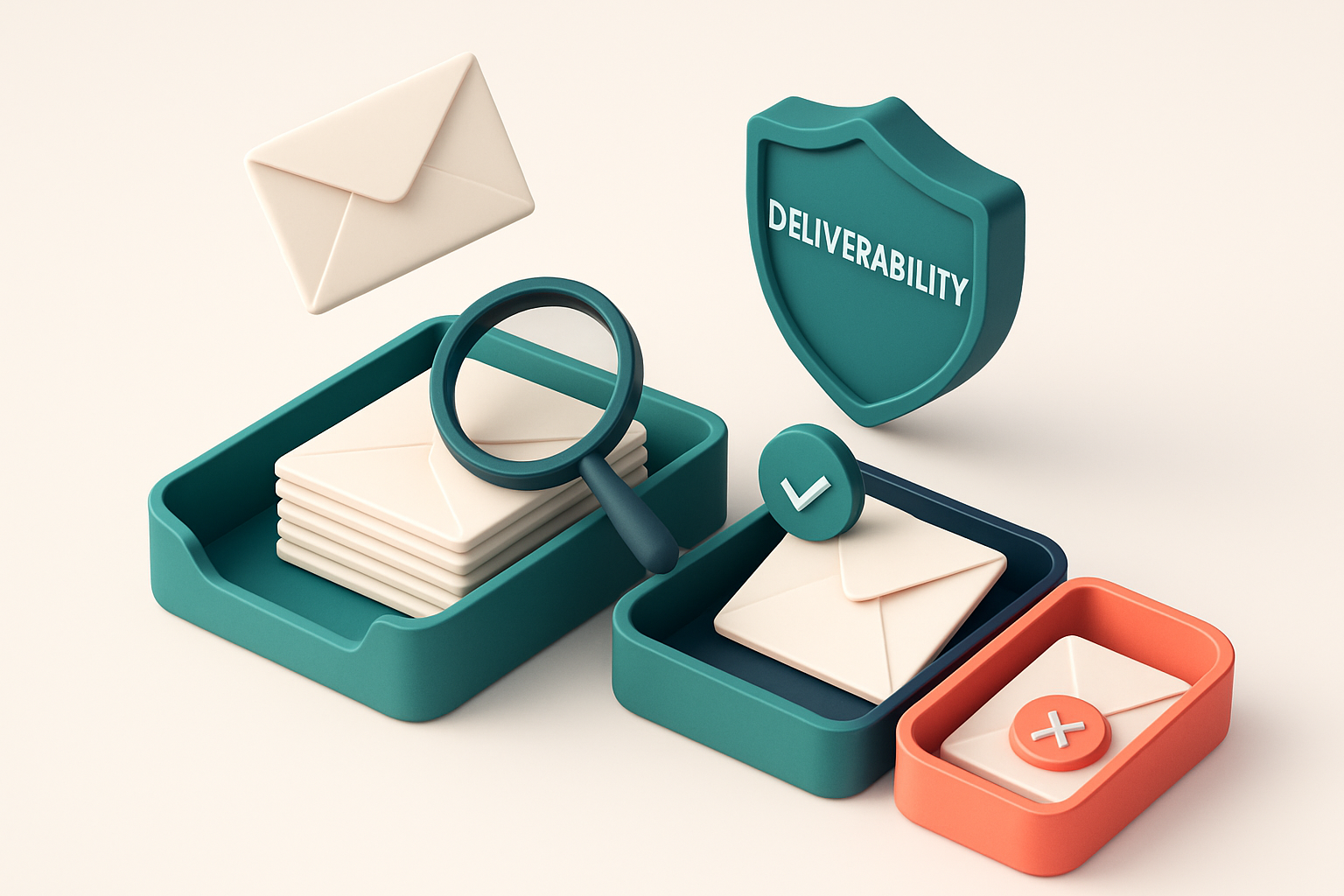 An isometric inbox with envelopes being sorted onto a green 'valid' tray and a red 'invalid' tray, a magnifying glass sc
