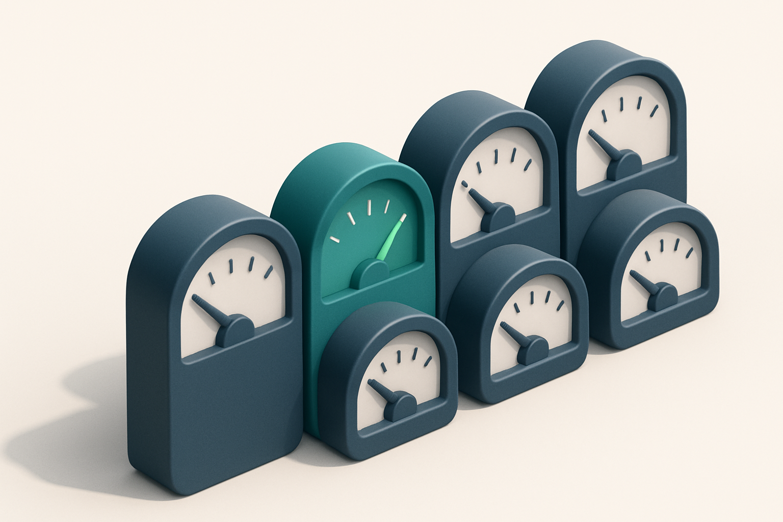 a row of five gauges, each labeled in tone with one set glowing green