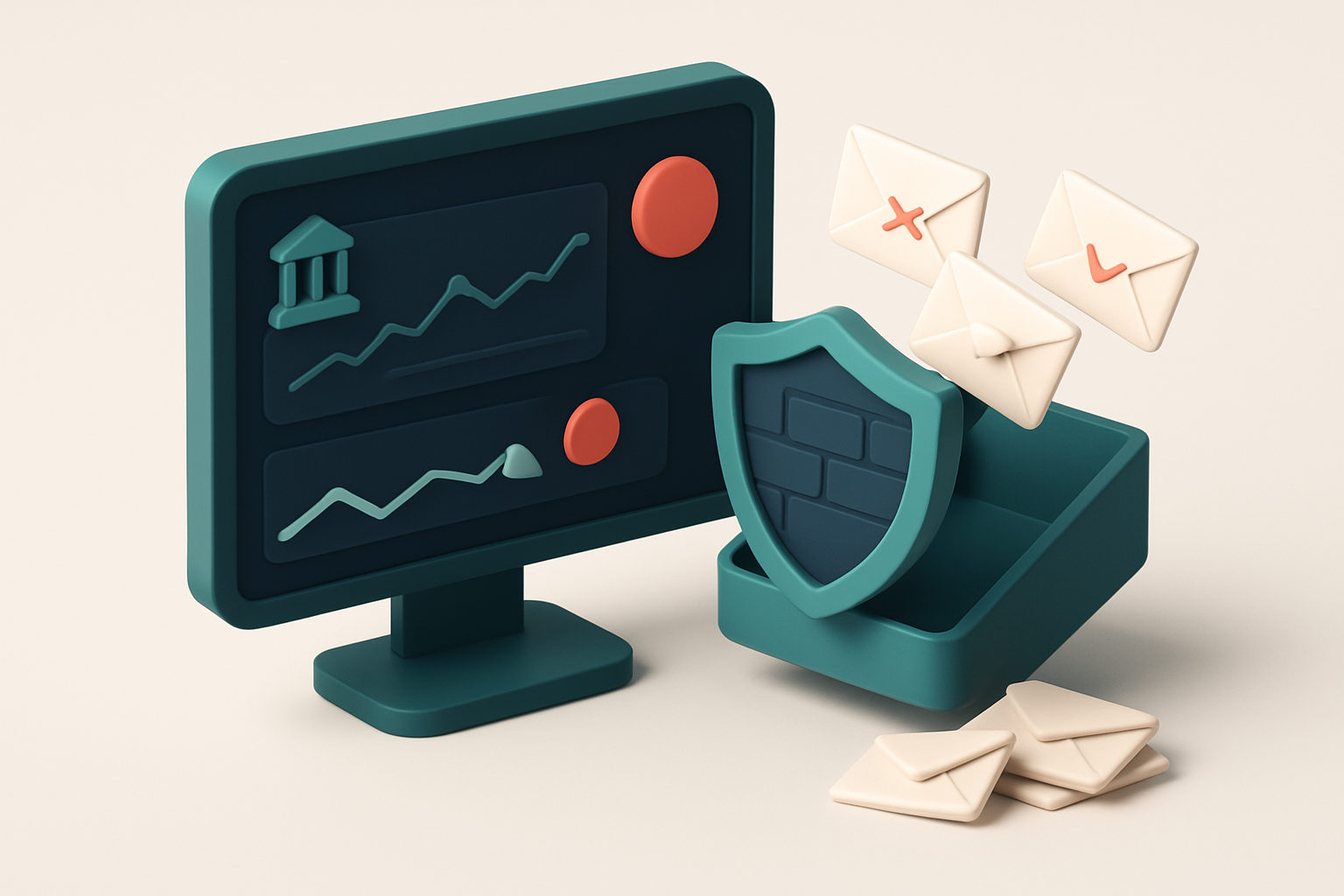 an isometric view of a government CRM dashboard showing a red 'Bounce Rate: 8%' alert, with envelopes labeled 'Invalid',