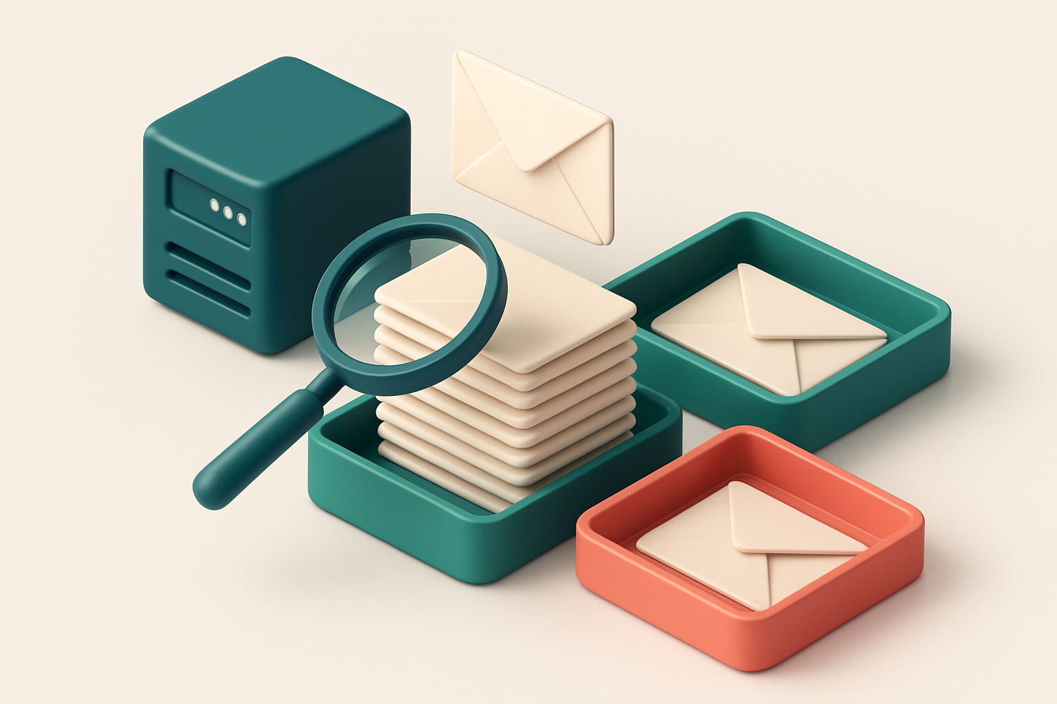 An isometric email inbox with envelopes being sorted onto a green 'valid' tray and a red 'invalid' tray, a magnifying gl