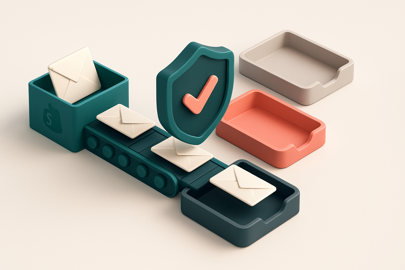 An isometric illustration of a green conveyor belt moving email envelopes from a Shopify store box, through a shield lab