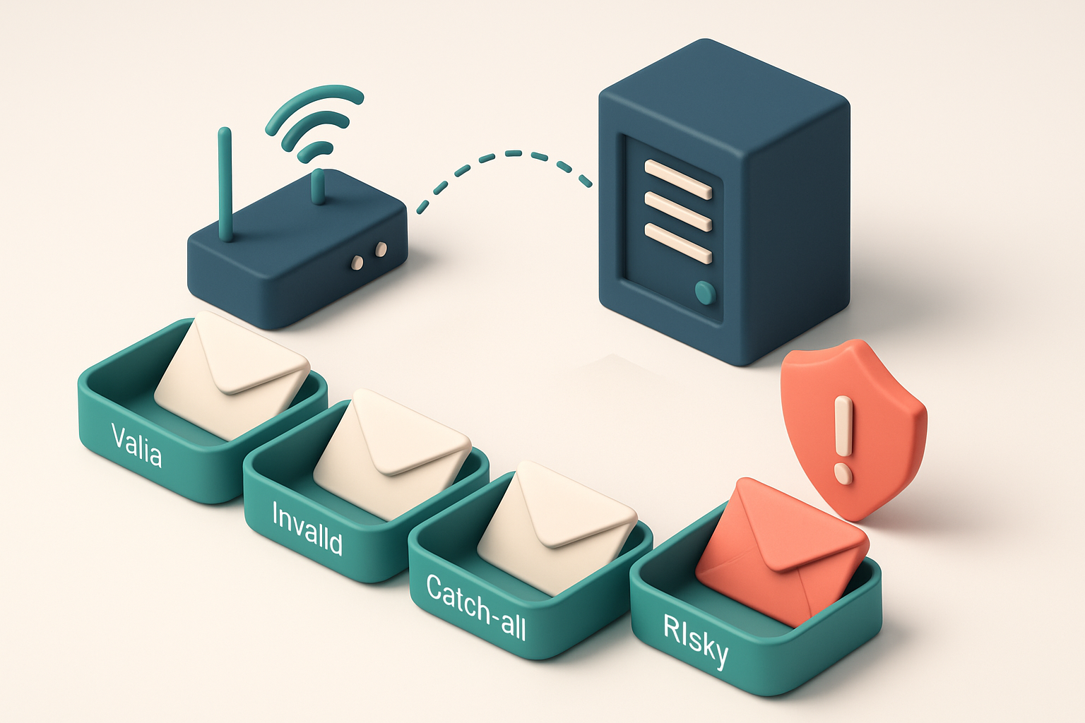 An isometric email inbox with envelopes labeled 'Valid', 'Invalid', 'Catch-all', and 'Risky' being sorted onto four sepa