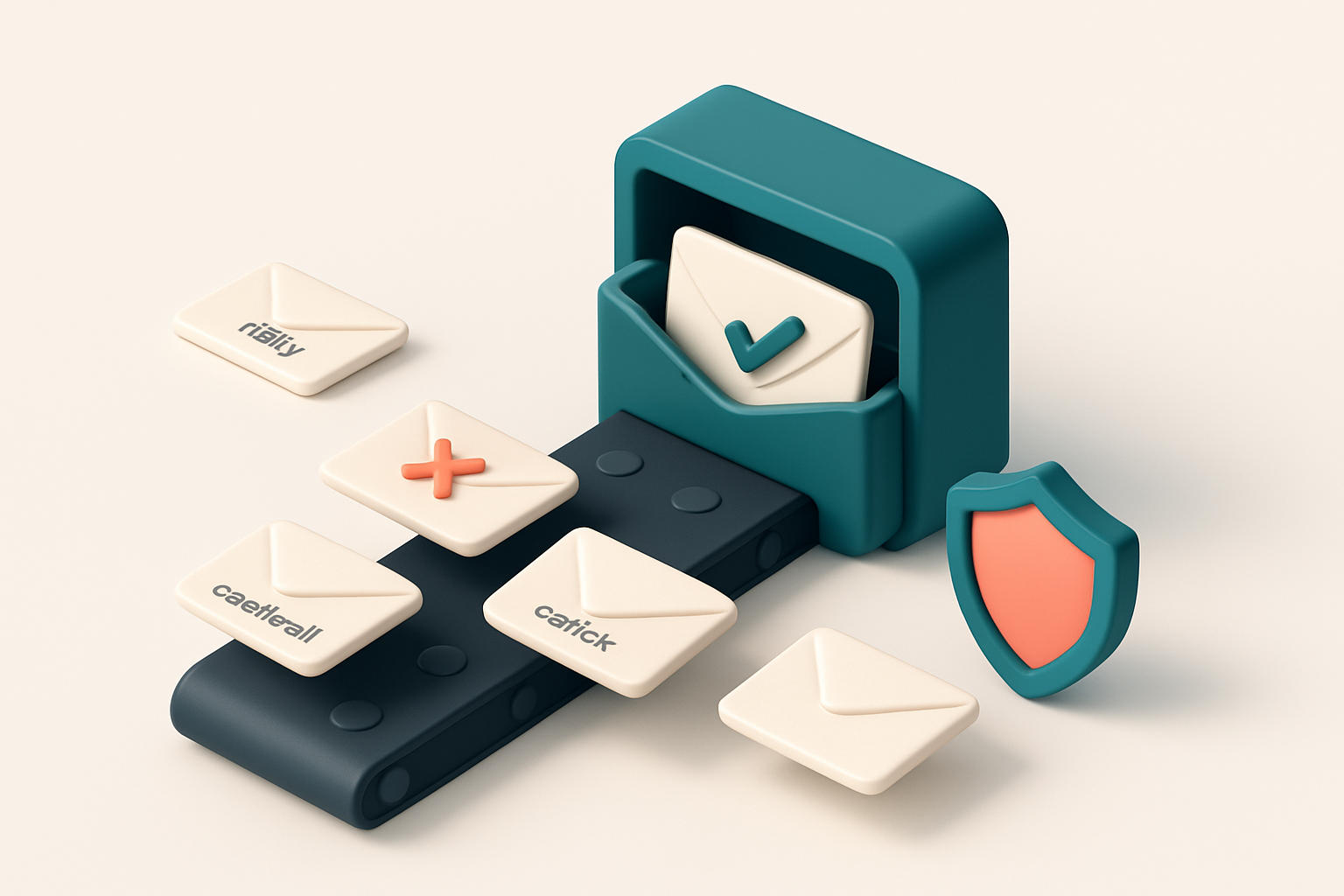 An isometric email inbox with a conveyor belt feeding in envelopes labeled 'valid', 'risky', 'invalid', and 'catch-all';