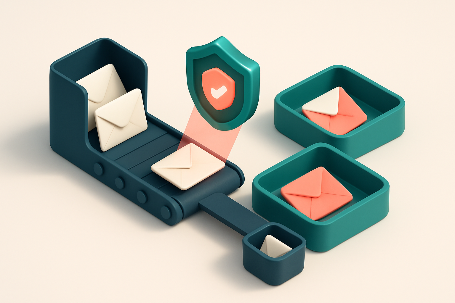 An isometric email inbox with envelopes being scanned by a digital shield, sorted onto a green 'valid' tray and a red 'i