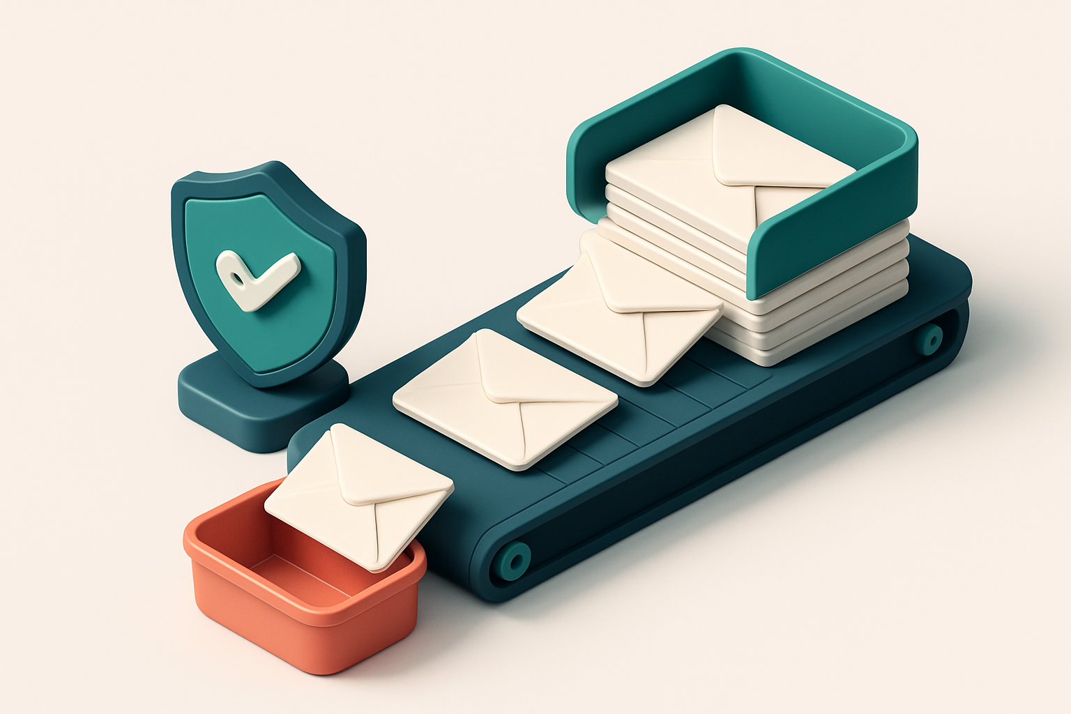 An isometric view of a fitness newsletter funnel: an inbox stack with envelopes labeled 'valid', 'risky', 'catch-all', a