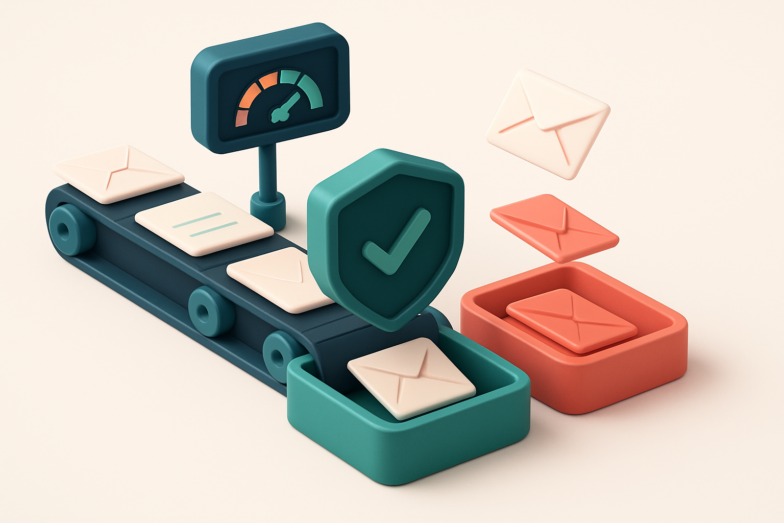 An isometric email inbox with envelopes being sorted onto a green 'inbox' tray and a red 'spam' tray, a conveyor belt mo