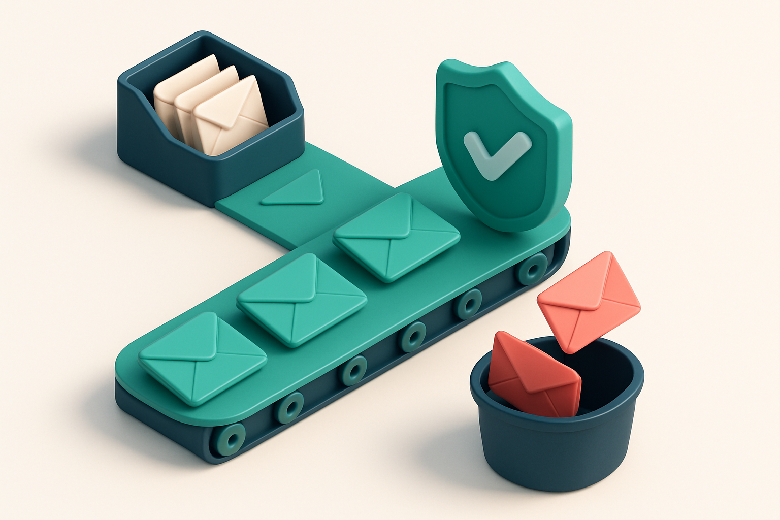 An isometric email inbox with red envelopes labeled 'Invalid', 'Catch-All', and 'Disposable' being rejected into a trash