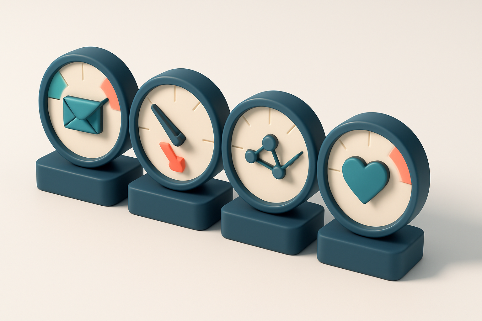 a row of four gauges showing inbox delivery, bounce rate, sender reputation, and list health