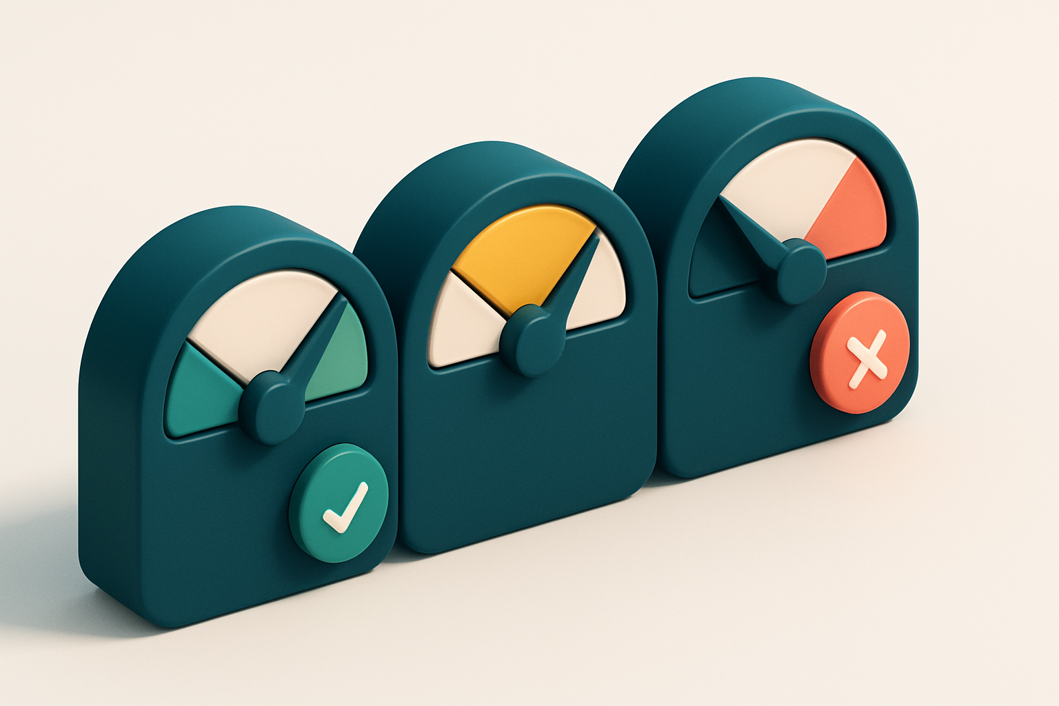 a row of three interconnected gauges, each showing different verification states: green (valid), yellow (risky), red (in
