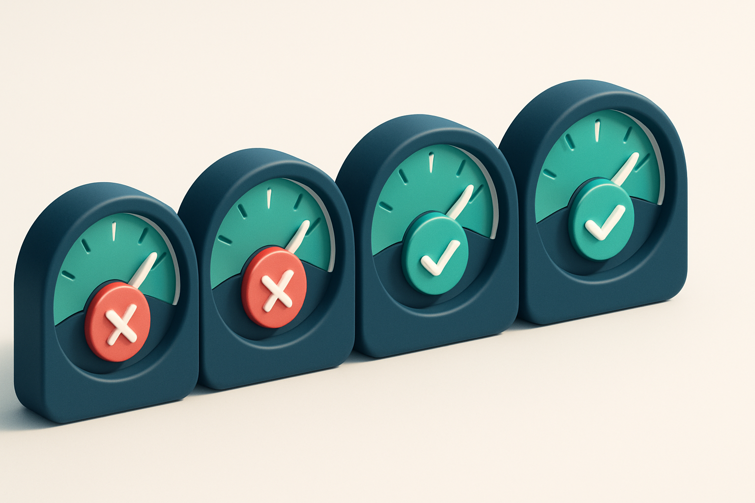 a row of four red and green gauge dials indicating validation status