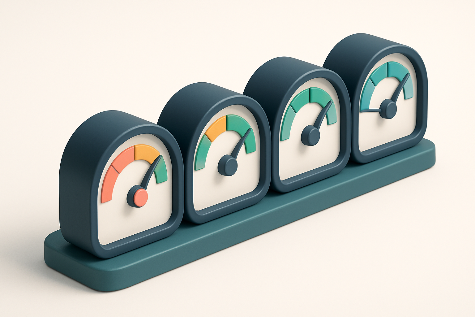 a row of four gauges with red, yellow, green, and blue indicators