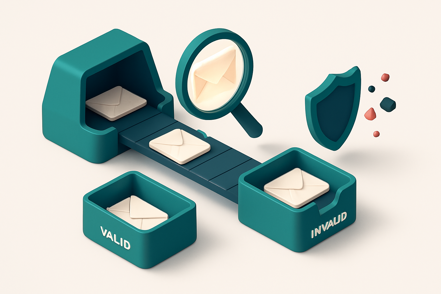 An isometric email inbox with a conveyor belt feeding envelopes into two trays: a green 'valid' tray and a red 'invalid'