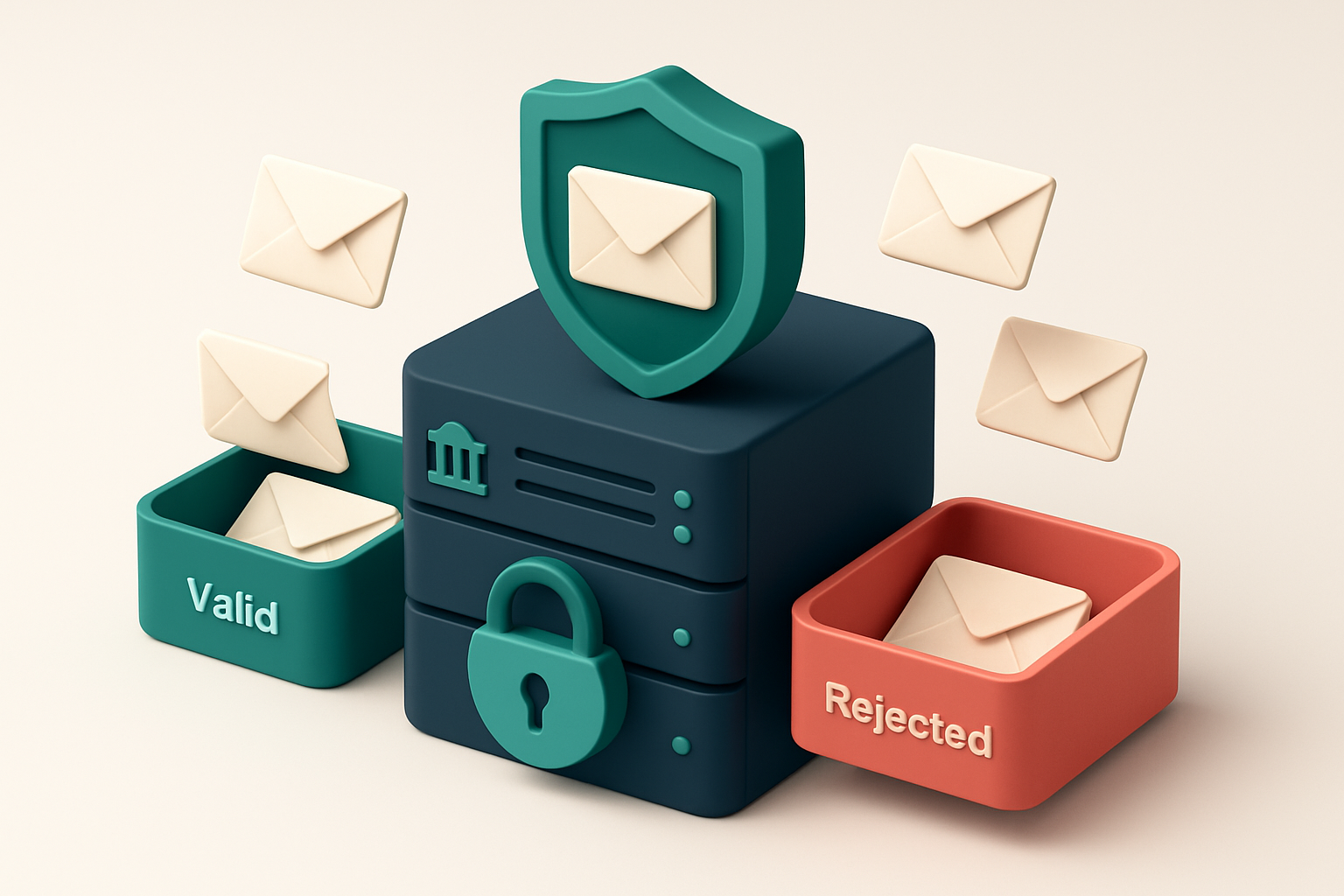 An isometric illustration of a government secure server rack with a large, shielded email inbox at the top, where envelo