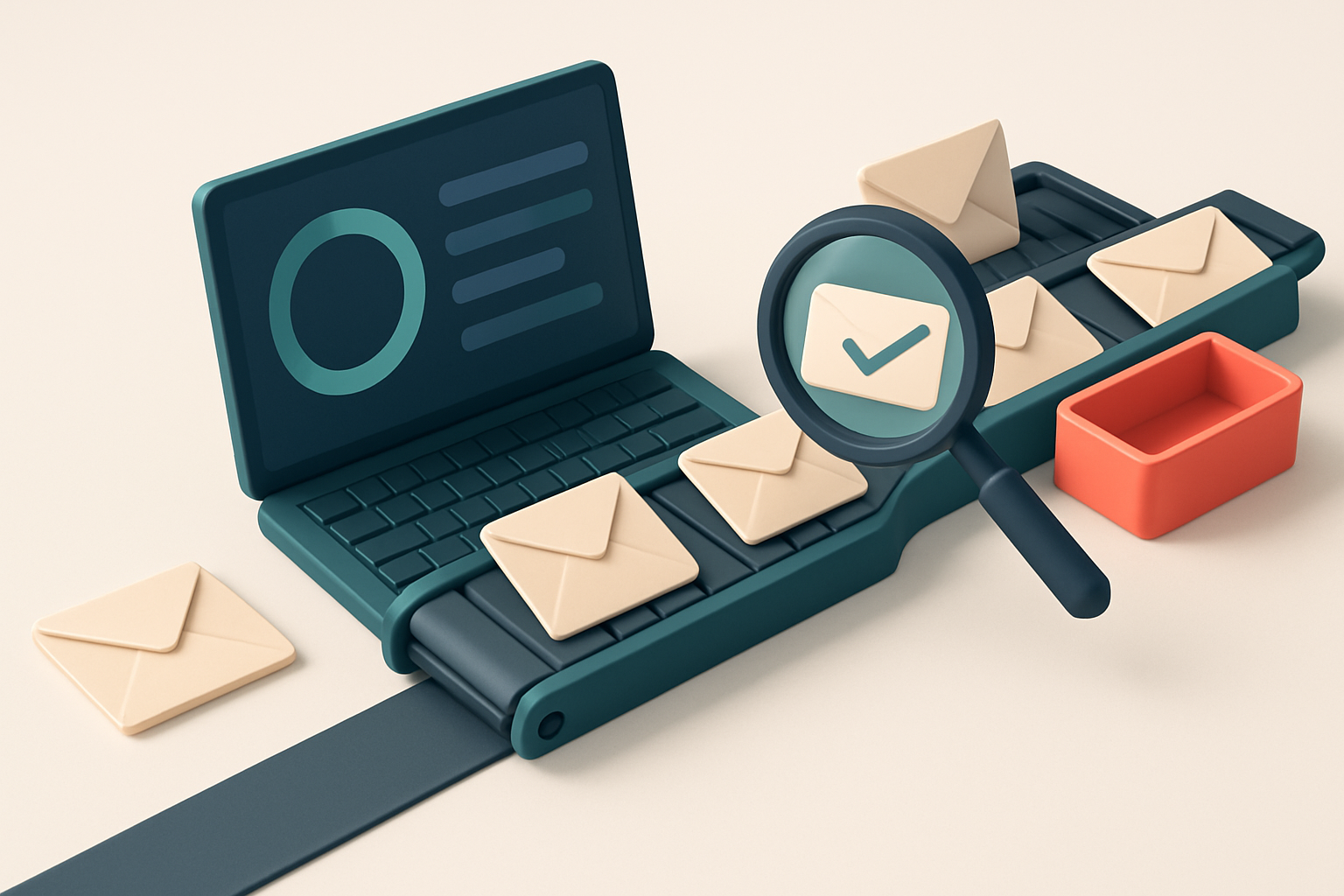 An isometric desk scene with a laptop open to a dashboard showing '98.9% accuracy', a conveyor belt sorting envelopes in