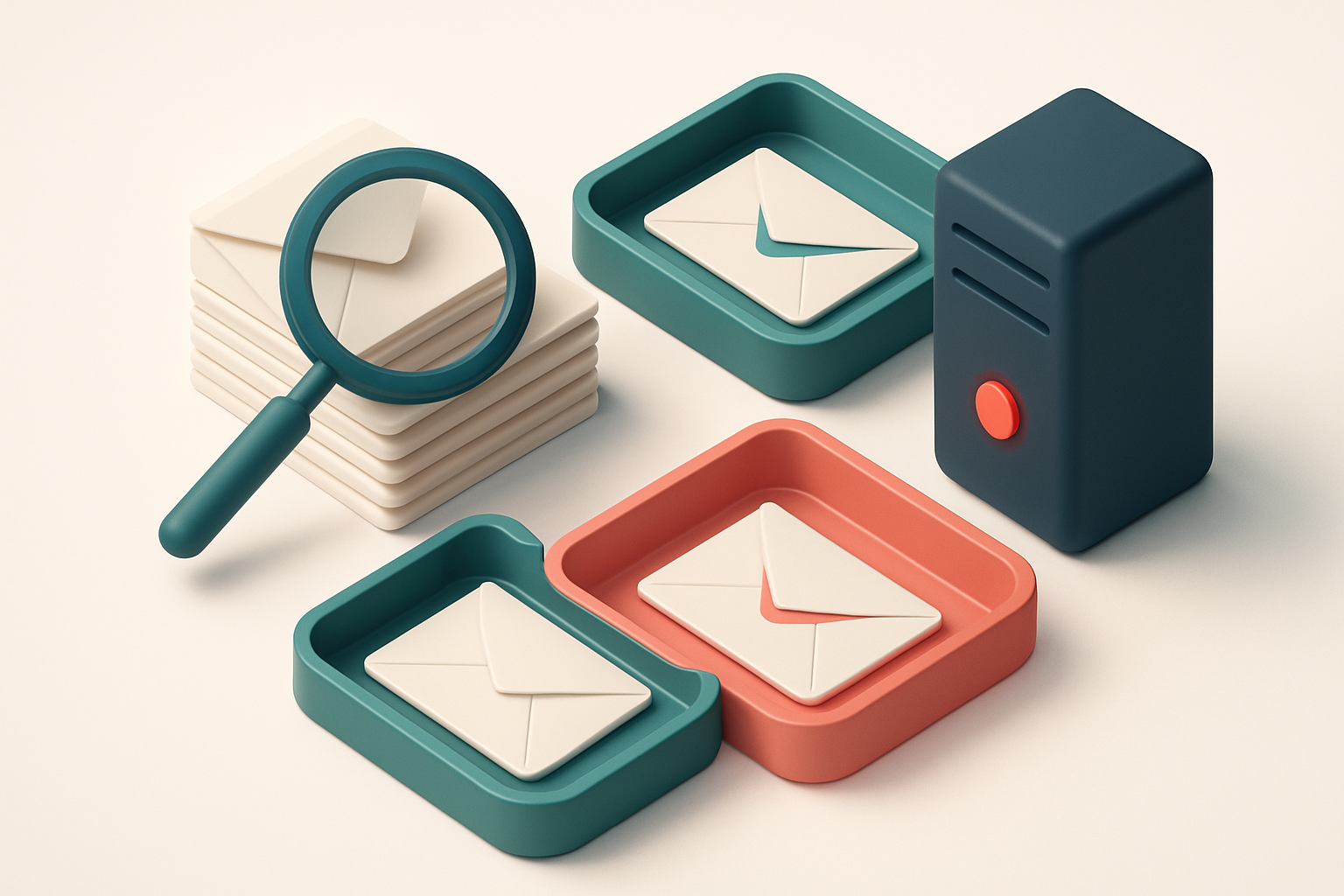 An isometric email inbox with envelopes being sorted onto a green 'valid' tray and a red 'invalid' tray, a magnifying gl