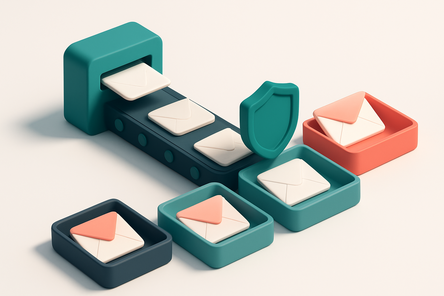 An isometric email inbox with a conveyor belt feeding envelopes labeled 'invalid', 'catch-all', 'risky', and 'valid'—eac