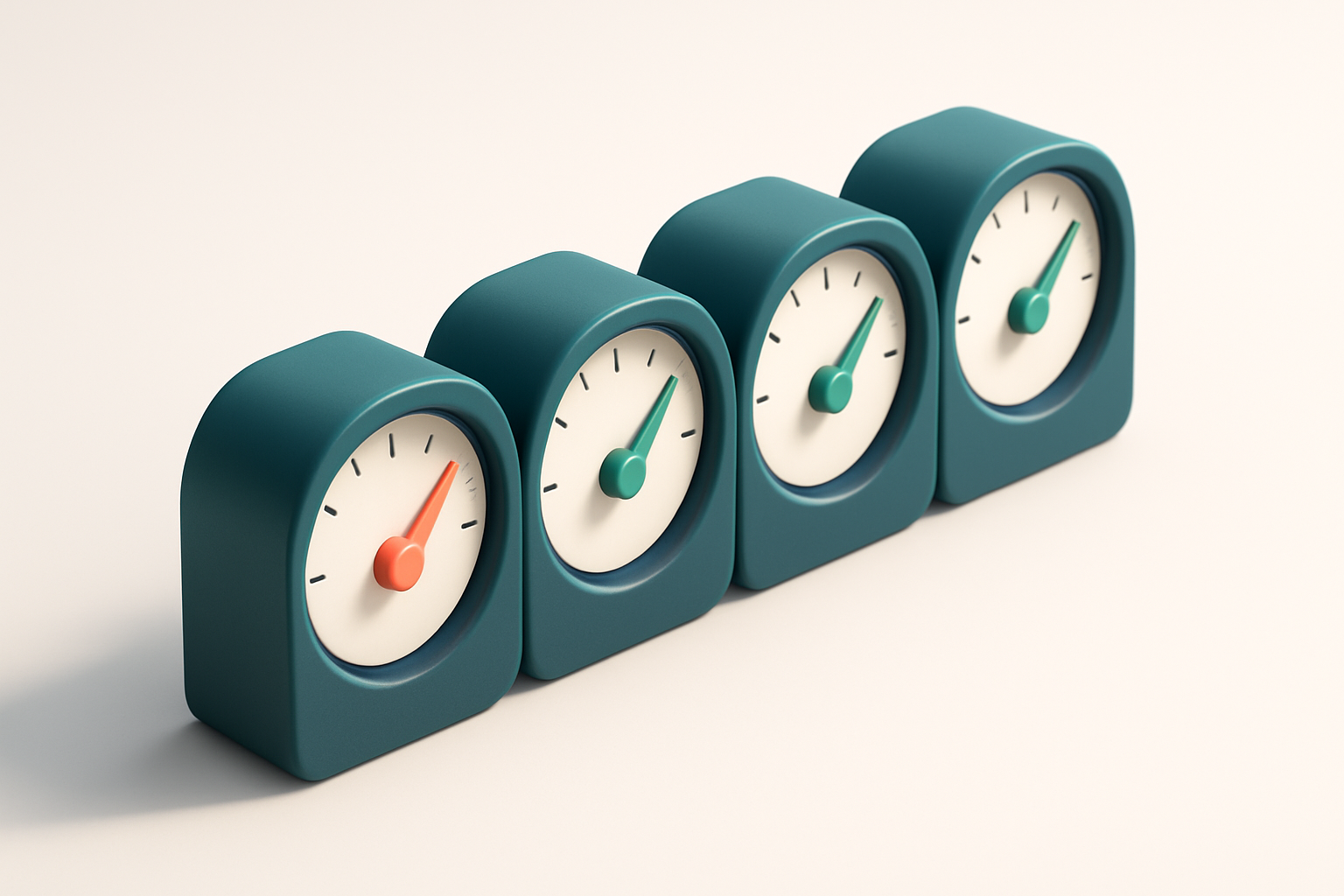 a row of four gauges with different settings (one red, three green)